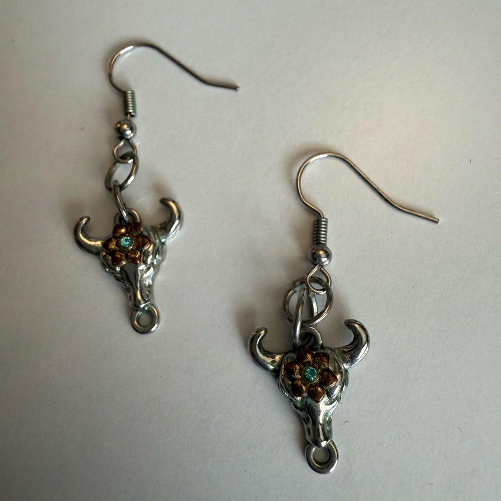 Bull Skull Earrings with Floral Accents